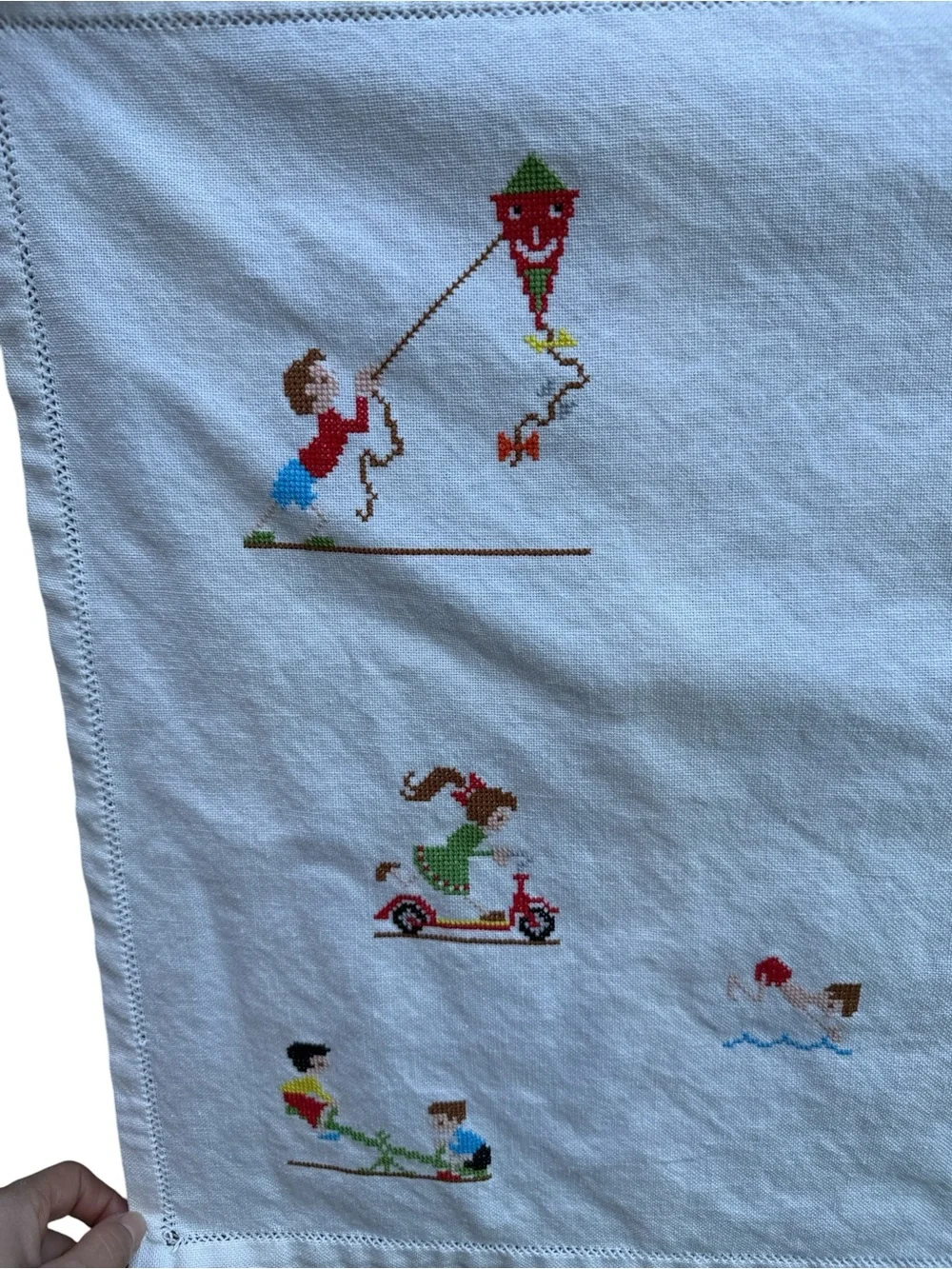 Vintage Hand Embroidered Children’s Playtime Textile/Café Curtain 29.5”x20”
